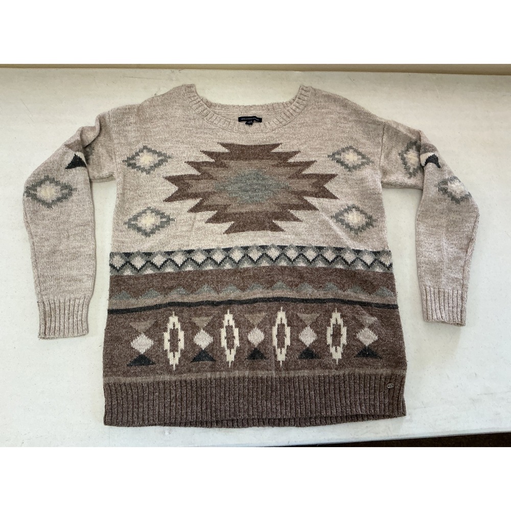 American Eagle Southwestern Geometric Wool Blend Knit Sweater Tan Brown Womens L